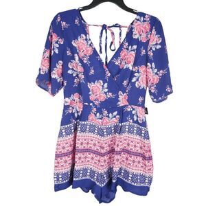 Trixxi Juniors Printed Flutter-Sleev Navy Floral Romper S